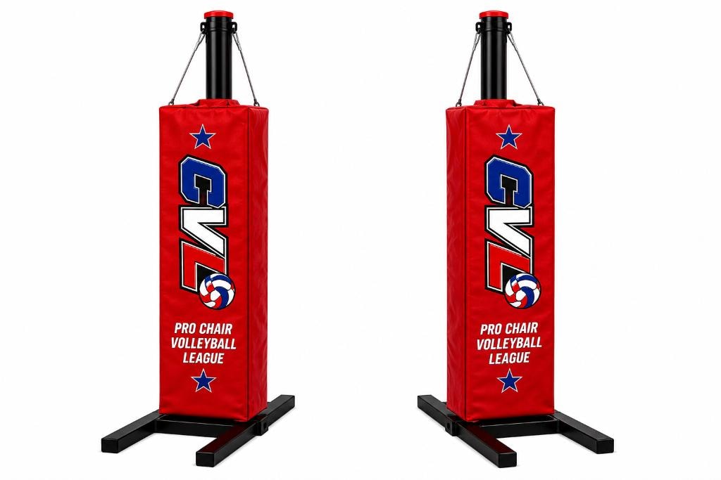 CVL™ branded net post standards — red with CVL™ logo